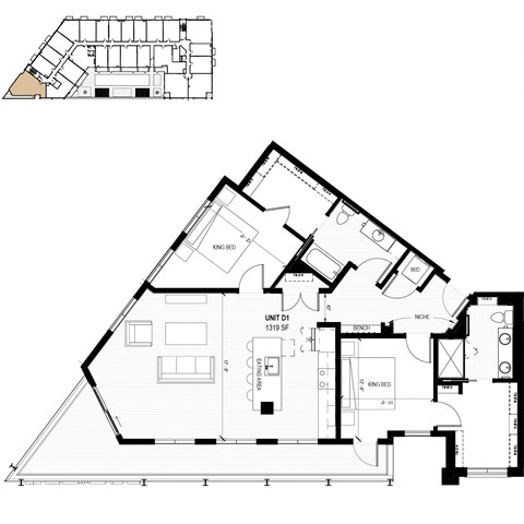 Floor plan for 2 beds, 2 baths, 1319 sqft